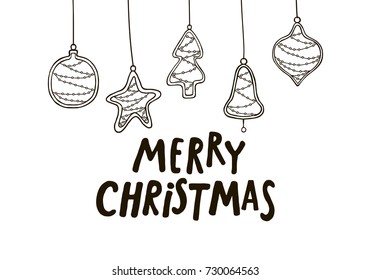 Merry Christmas black and white greeting card with Christmas tree toys. New year tree decoration. Greeting card template.