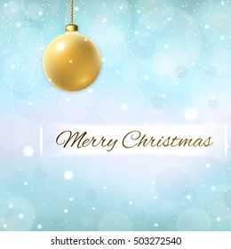 Merry Christmas blue background with 3d gold ball decoration, stars, glitter, white winter snowflakes. Bright xmas card. Happy New Year celebration pattern. Holiday design. Vector illustration