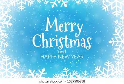 Merry Christmas blue background. Happy New Year concept with blurred snow flakes. Xmas greeting card. Winter ice frost backdrop. Snow frame and particles. Vector illustration.