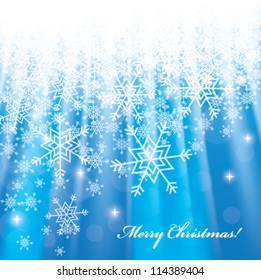 Merry Christmas blue background with snowflakes and glowing stars