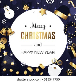 Merry Christmas with Blue Background. Vector Illustration. Flat Christmas Icons with Round Frame. Happy New Year Concept. Candy Cane, Tree, Candle, Gingerbread Man. Place for Your Text
