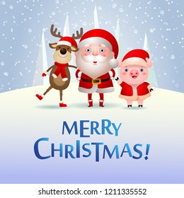 Merry Christmas blue banner design. Calligraphy with cartoon characters of pig, deer and Santa Claus. Can be used for greeting cards, posters, banners