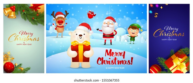 Merry Christmas blue banner set with bear. New Year, Christmas, winter. Calligraphy with decorative design can be used for invitations, post cards, announcements