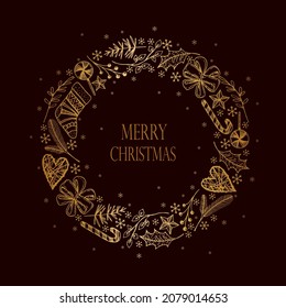 Merry Christmas blue banner set with wreath. New Year, Christmas, winter. Calligraphy with decorative design can be used for invitations, post cards, announcements