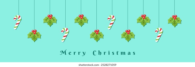 Merry Christmas Blue Border Banner, Hanging Stocking, Mistletoe and Candy Cane Garland. Winter Holiday Season Header Decoration. Web Banner Template. Vector illustration.