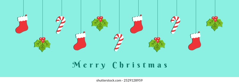 Merry Christmas Blue Border Banner, Hanging Stocking, Mistletoe and Candy Cane Garland. Winter Holiday Season Header Decoration. Web Banner Template. Vector illustration.