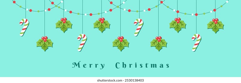 Merry Christmas Blue Border Banner, Hanging Stocking, Mistletoe and Candy Cane Garland. Winter Holiday Season Header Decoration. Web Banner Template. Vector illustration.