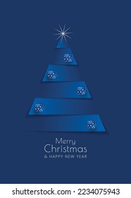 Merry Christmas blue card 5x7 in. Creative vector illustration with paper cut effect christmas tree and baubles. Minimal and modern design.