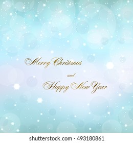 Merry Christmas blue decoration background with text. Stars, glitter and white winter snowflakes. Bright xmas card. Happy New Year celebration abstract pattern. Holiday design. Vector illustration