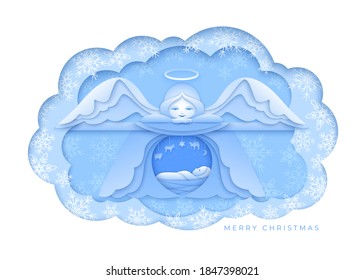 Merry Christmas blue design. Сlouds, snowflakes and  Angel bowed over the newborn Christ  in paper layered style with shadow. Vector illustration