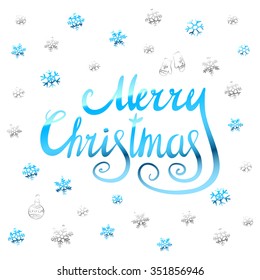 Merry Christmas - blue glittering lettering design with snowflakes pattern art