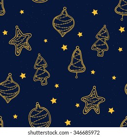 Merry Christmas blue and gold pattern with decorative tree toys. Design for wrapping paper, textile, fabric, wallpaper. Xmas seamless pattern. 
