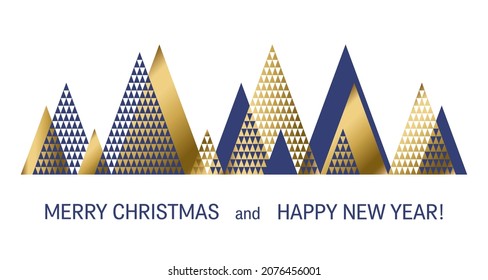 Merry Christmas blue gold triangle abstract fir trees greeting card holiday template. Christnas trees of blue and gold triangles, greeting text on white background. Vector holiday xmas design.