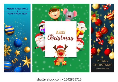 Merry Christmas blue, green banner set with animals, baubles. New Year, Christmas, winter. Calligraphy with decorative design can be used for invitations, post cards, announcements