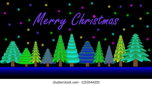 Merry Christmas. Blue and green neon Christmas trees, and stars. 