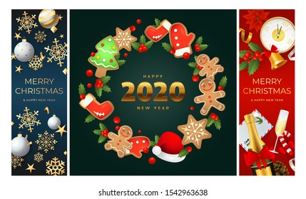 Merry Christmas blue, green, red banner set with wreath. New Year, Christmas, winter. Calligraphy with decorative design can be used for invitations, post cards, announcements