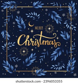 Merry Christmas blue greeting card. Floral frame and background design. Poster, holiday cover. 