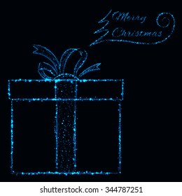 merry christmas of blue lights card with gift box