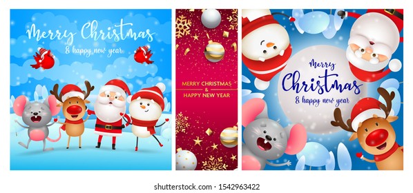 Merry Christmas blue, pink banner set with animals, Santa. New Year, Christmas, winter. Calligraphy with decorative design can be used for invitations, post cards, announcements