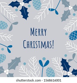 Merry Christmas blue pretty design pine cones branches and mistletoe holiday vector