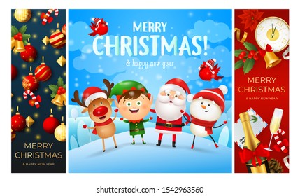 Merry Christmas blue, red banner set with animals. New Year, Christmas, winter. Calligraphy with decorative design can be used for invitations, post cards, announcements