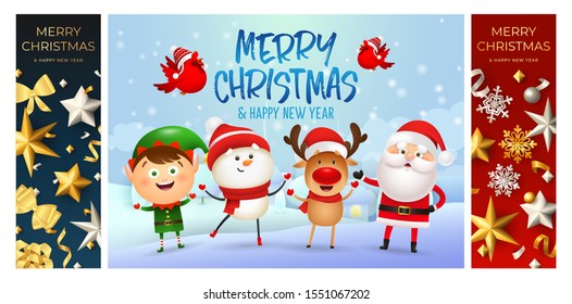 Merry Christmas blue, red banner set with Santa. New Year, Christmas, winter. Calligraphy with decorative design can be used for invitations, post cards, announcements