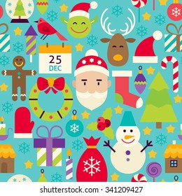 Merry Christmas Blue Seamless Pattern. Happy New Year Flat Design Vector Illustration. Tile Background. Set of Winter Holiday Items 