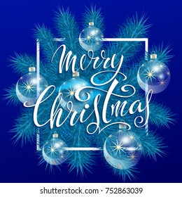 Merry Christmas. A blue tree with festive glass balls toys.