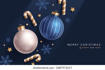 Merry christmas blue vector background. Christmas greeting card with xmas glitter balls, candy cane, snowflakes and stars elements in elegant background. Vector illustration seasonal card design. 
