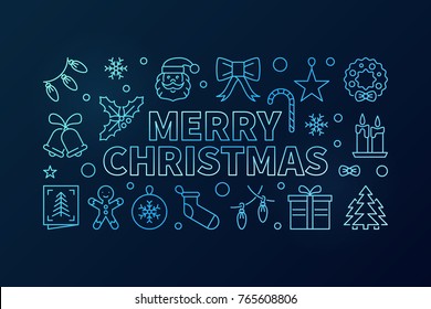 Merry Christmas blue vector horizontal banner. Xmas concept illustration in thin line style