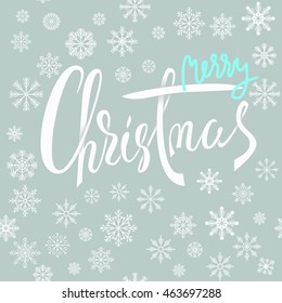 Merry Christmas blue and white lettering design with snowflakes. Christmas background. EPS10