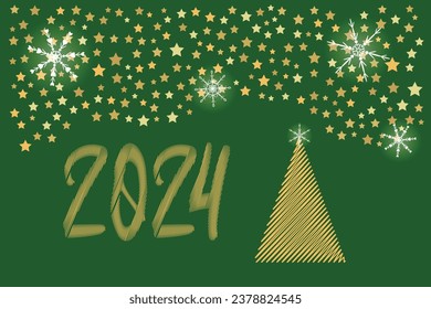 Merry Christmas blurred shiny lights gold stars White snowflakes Scribble New year tree green background Copy space text Greeting card  Banner Poster Winter holidays Classic design Joyful 2024 numbers