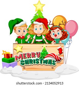 Merry Christmas board with children in Christmas costumes illustration