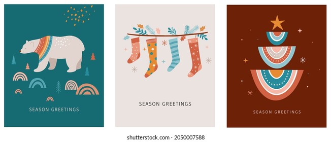 Merry Christmas Boho, Bohemian collection. Vector trendy Xmas design and illustration. Rainbows, decorations and Nordic winter elements