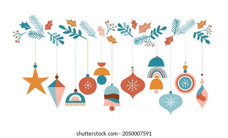 Merry Christmas Boho, Bohemian collection. Vector trendy Xmas design and illustration. Rainbows, decorations and Nordic winter elements