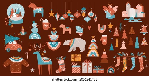 Merry Christmas Boho, Bohemian collection. Vector trendy Xmas design and illustration. Rainbows, decorations and Nordic winter elements