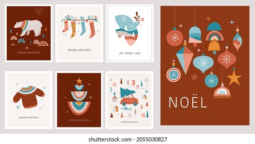 Merry Christmas Boho, Bohemian collection. Vector trendy Xmas design and illustration. Rainbows, decorations and Nordic winter elements