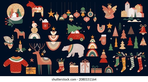 Merry Christmas Boho, Bohemian Collection. Vector Trendy Xmas Design And Illustration. Rainbows, Decorations And Nordic Winter Elements