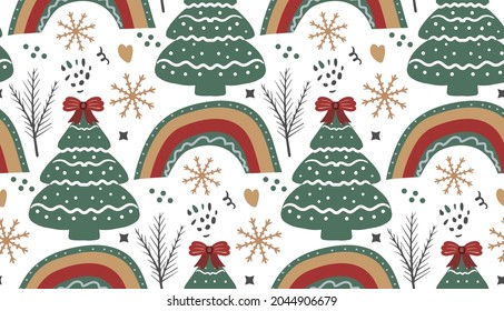 Merry Christmas Boho seamless pattern. Bohemian winter holiday repeating texture hand drawing style. Gingerbread, Snowflakes, Christmas tree. Vector illustration