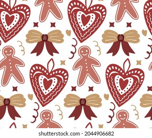 Merry Christmas Boho seamless pattern. Bohemian winter holiday repeating texture hand drawing style. Gingerbread, Snowflakes, Christmas tree. Vector illustration