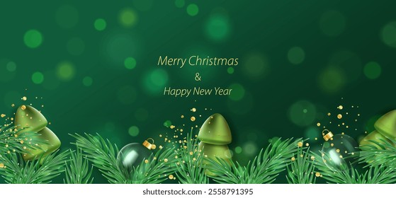 Merry Christmas border banner green bokeh background. Transparent glass balls, 3d trees and branches. Holiday card vector x-mas and New Year frame design.