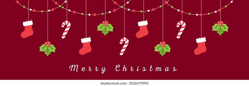 Merry Christmas Border Banner, Hanging Stocking, Mistletoe and Candy Cane Garland. Winter Holiday Season Header Decoration. Web Banner Template. Vector illustration.