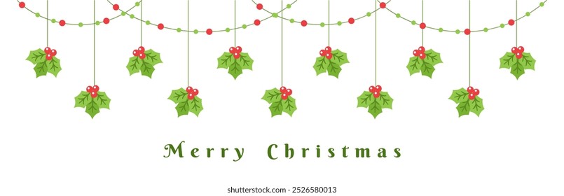 Merry Christmas Border Banner, Hanging Mistletoe Garland. Winter Holiday Season Header Decoration. Vector illustration.