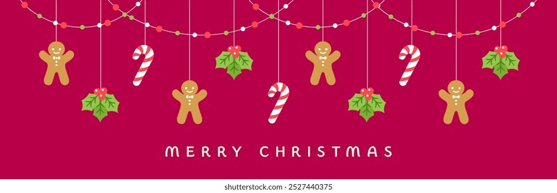Merry Christmas Border Banner, Hanging Gingerbread Cookies and Mistletoe Garland. Winter Holiday Season Header Decoration. Festive Ornaments Web Template. Vector illustration.