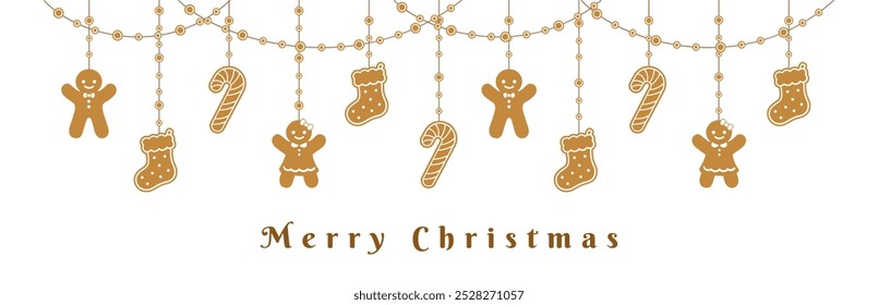 Merry Christmas Border Banner, Hanging Gingerbread Cookies Garland. Winter Holiday Season Header Decoration. Biscuits in Festive Shapes for web banner template. Vector illustration.