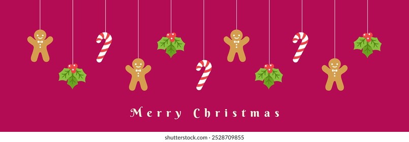 Merry Christmas Border Banner, Hanging Gingerbread Cookies and Mistletoe Garland. Winter Holiday Season Header Decoration. Festive Ornaments Web Template. Vector illustration.