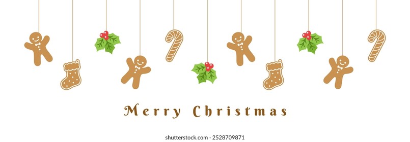 Merry Christmas Border Banner, Hanging Gingerbread Cookies and Mistletoe Garland. Winter Holiday Season Header Decoration. Biscuits in Festive Shapes Template. Vector illustration.