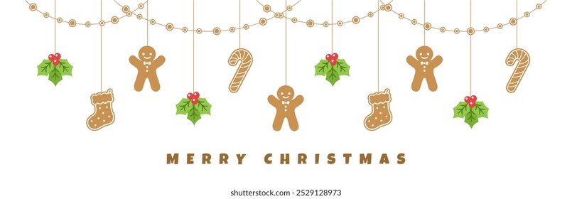 Merry Christmas Border Banner, Hanging Gingerbread Cookies and Mistletoe Garland. Winter Holiday Season Header Decoration. Biscuits in Festive Shapes Template. Vector illustration.