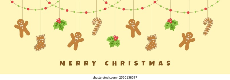 Merry Christmas Border Banner, Hanging Gingerbread Cookies and Mistletoe Garland. Winter Holiday Season Header Decoration. Biscuits in Festive Shapes Template. Vector illustration.