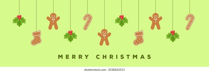 Merry Christmas Border Banner, Hanging Gingerbread Cookies and Mistletoe Garland. Winter Holiday Season Header Decoration. Biscuits in Festive Shapes Template. Vector illustration.